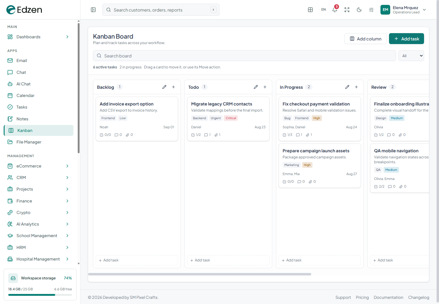 Kanban screenshot from the current Edzen project