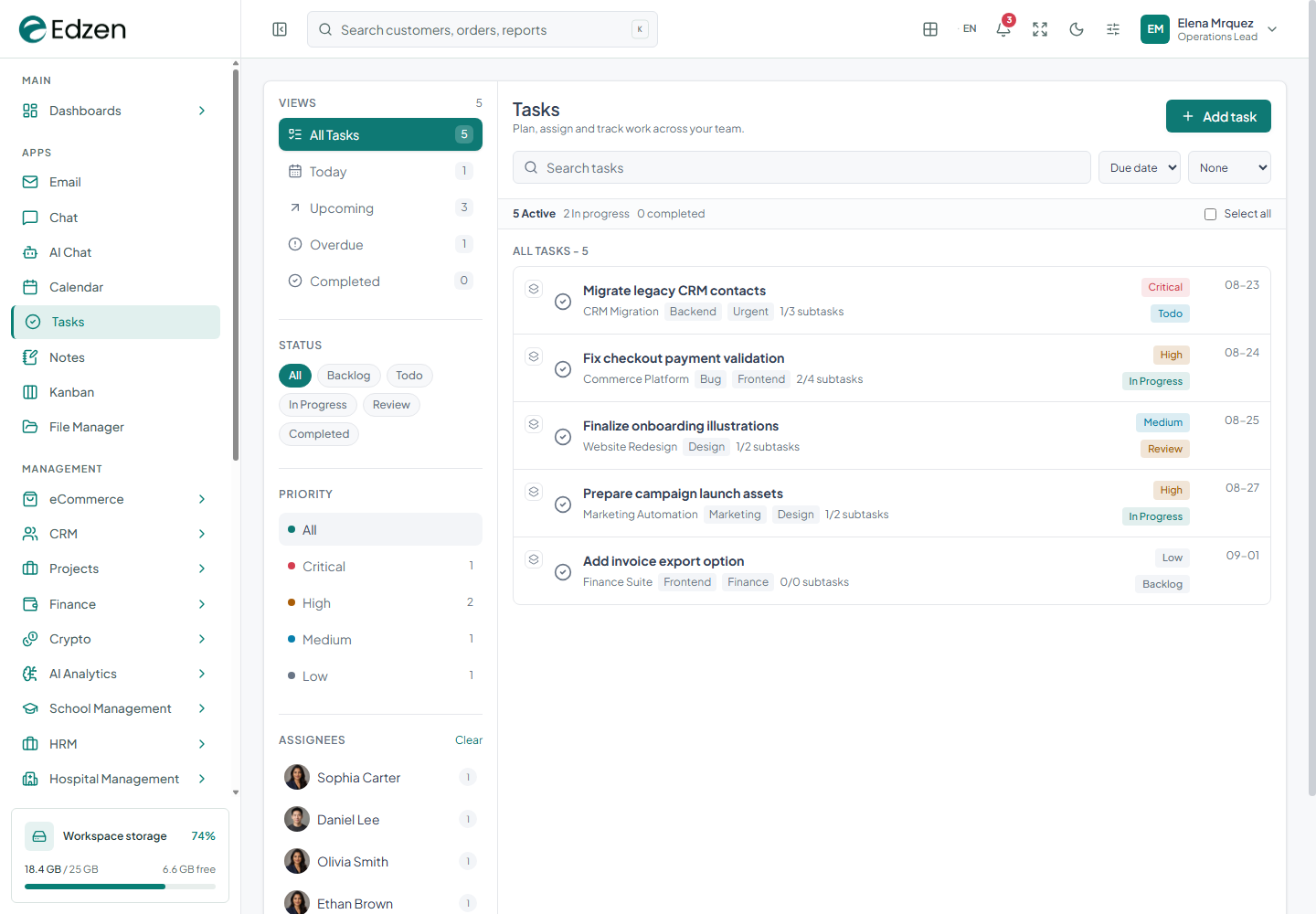Tasks screenshot from the current Edzen project