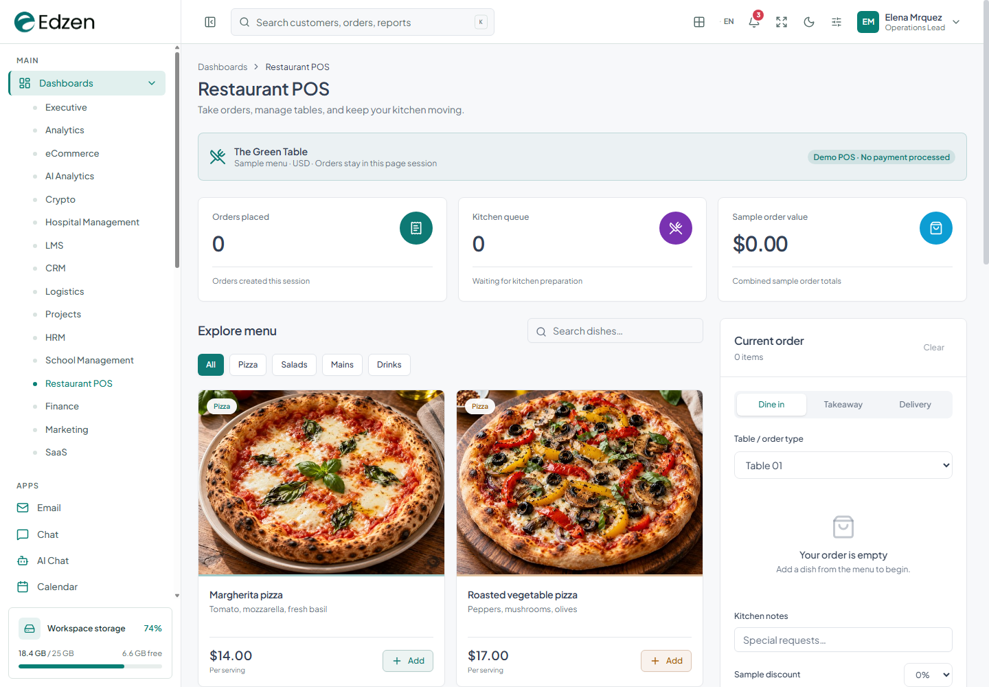 Restaurant POS dashboard screenshot from the current Edzen project